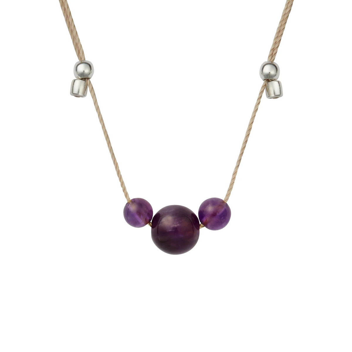 Amethyst 3 Gemstone Silk Slider Necklace Silver