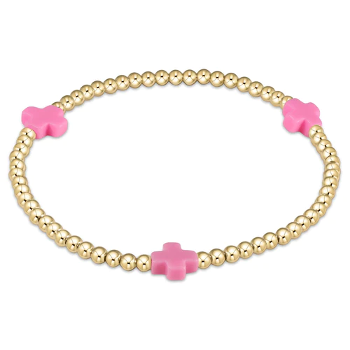 Signature Cross Gold Pattern 3mm Bead Bracelet - Bright Pink