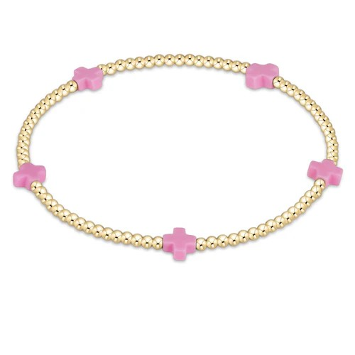 Signature Cross Gold Pattern 2mm Bead Bracelet - Bright Pink